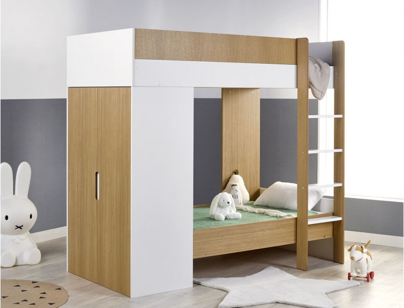 Lit superposé évolutif avec armoire Opus bois et blanc en position petit lit bas.