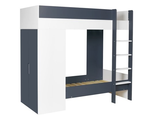 Umwandelbares Etagenbett mit Kleiderschrank Opus in Nachtblau in der niedrigen Bettposition.