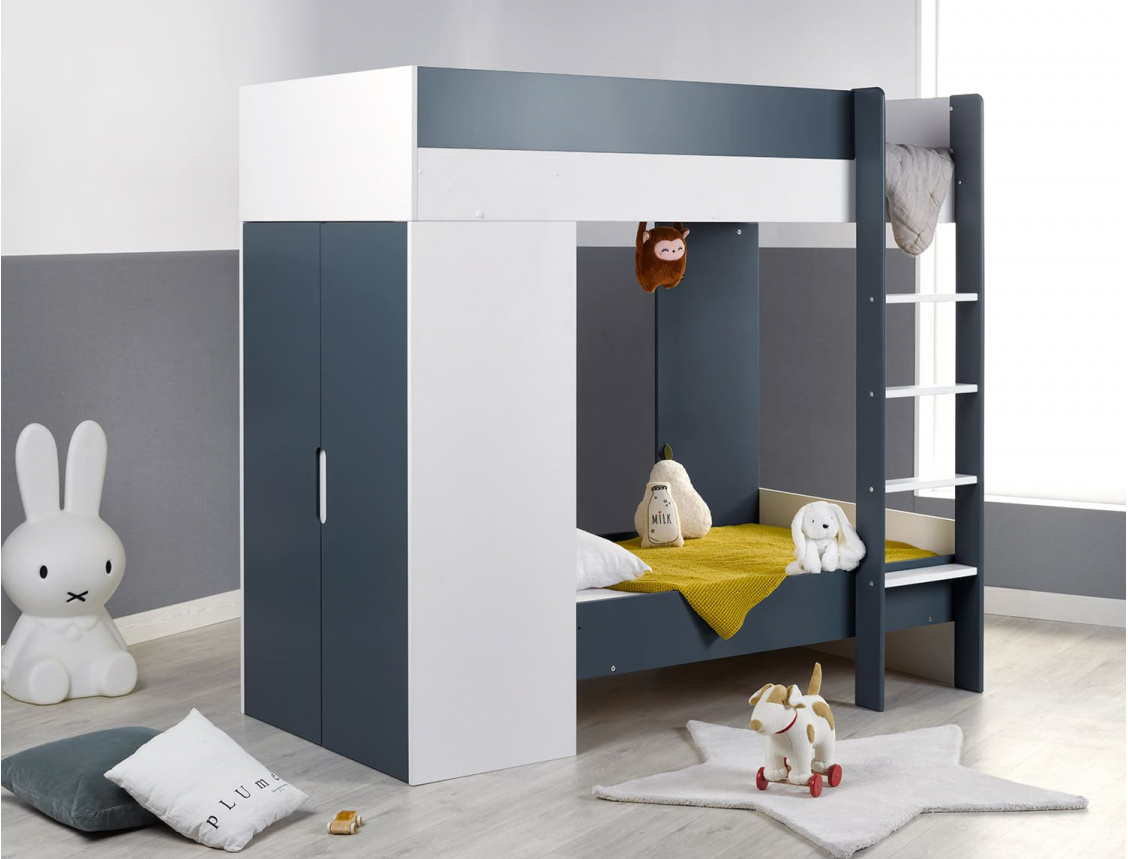 Lit superposé évolutif avec armoire Opus bleu nuit en position petit lit bas couchage 90x140