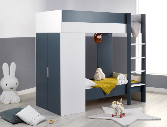 Lit superposé évolutif avec armoire Opus bleu nuit en position petit lit bas couchage 90x140