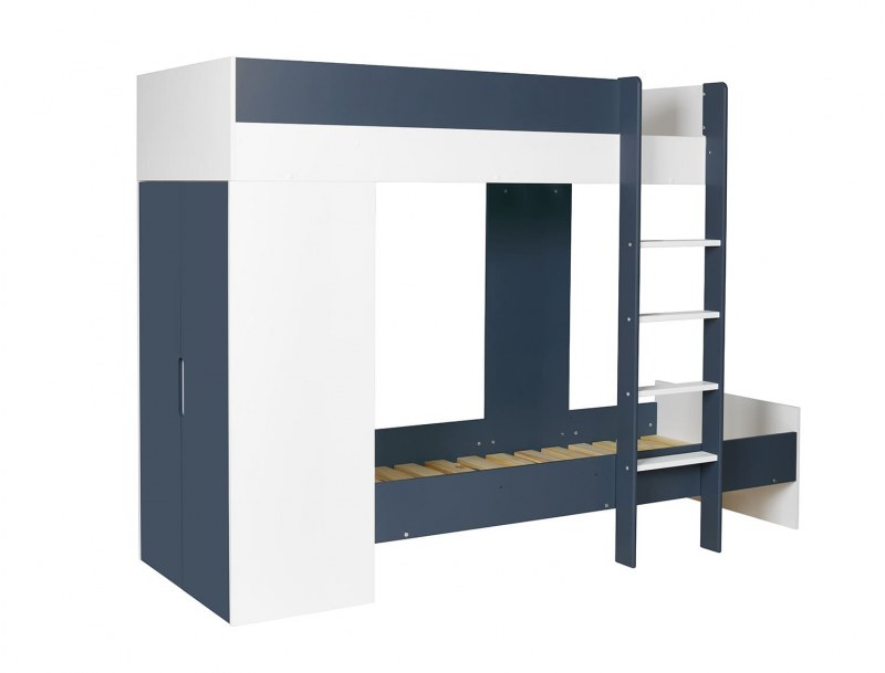 Bunk Bed - Convertible Bunk Bed + Opus White & Midnight Blue Wardrobe
