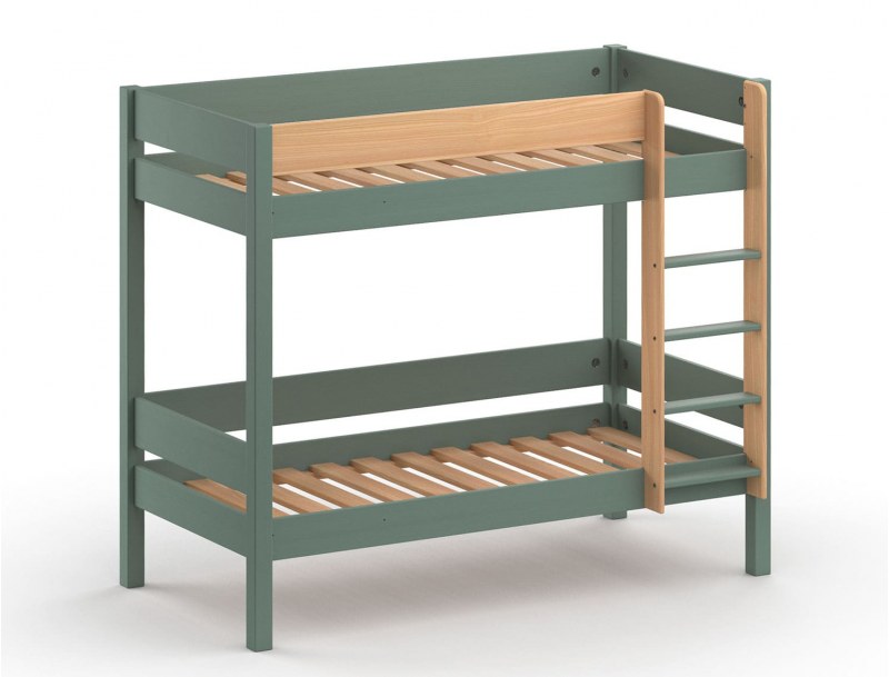 Etagenbett 90x190 aus Kiefernholz aus den Landes in Khaki mit zwei Lattenrosten aus massiver Kiefer.