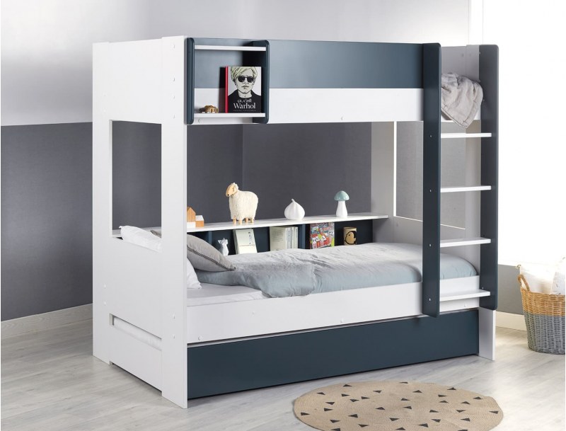 Letto a castello a 3 posti Bianco e Blu 90x190 cm con letto estraibile