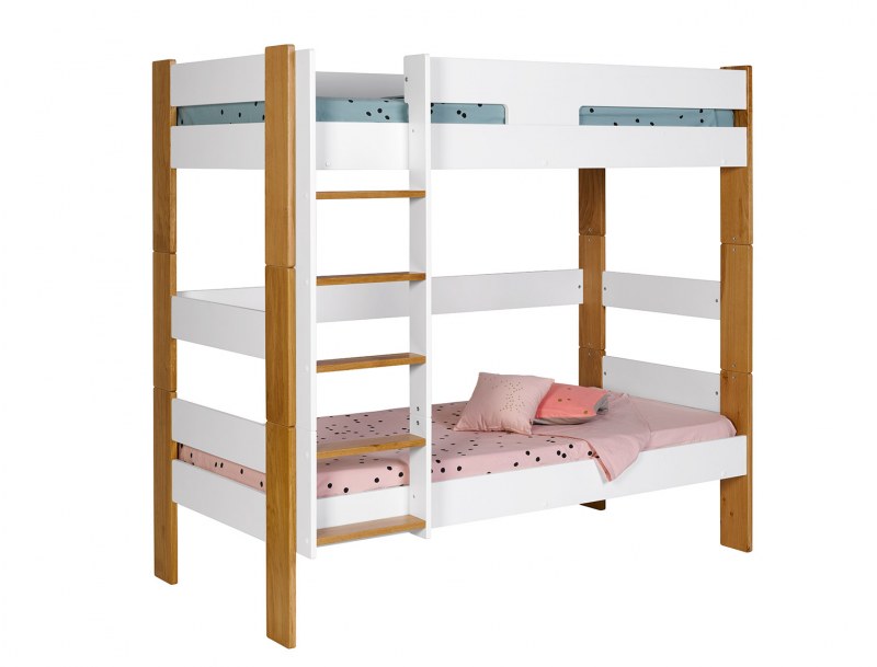 Lit superposé bois massif et blanc 90x190 cm livré avec deux matelas.