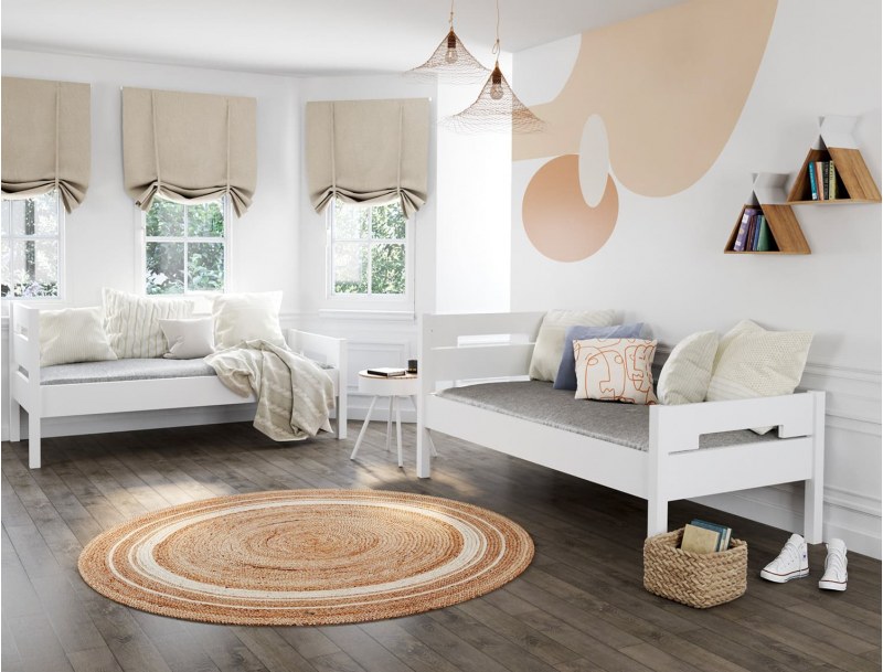 Litera 90x190 blanca transformable en dos camas individuales.