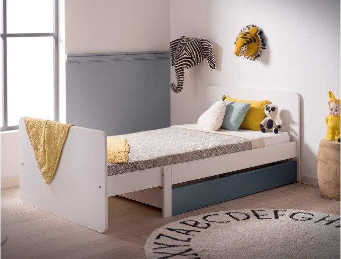 Opus White and Midnight Blue convertible child bed in 90x190 position. Drawer not included.
