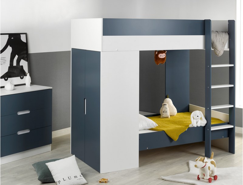Opus convertible bunk bed with wardrobe and dresser in Night blue.