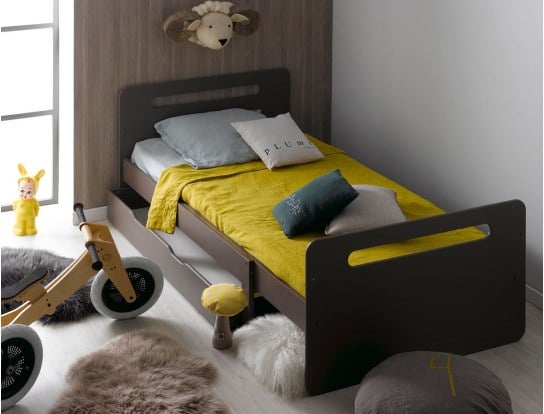 Lit enfant évolutif Taupe plus tiroir et matelas en position couchage 90x190