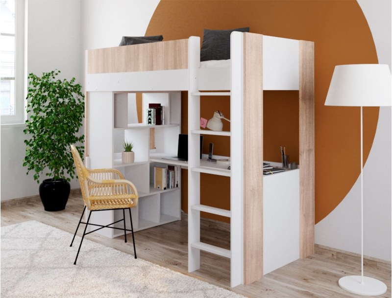 Hochbett mit Schreibtisch in Weiß und Holz Dune