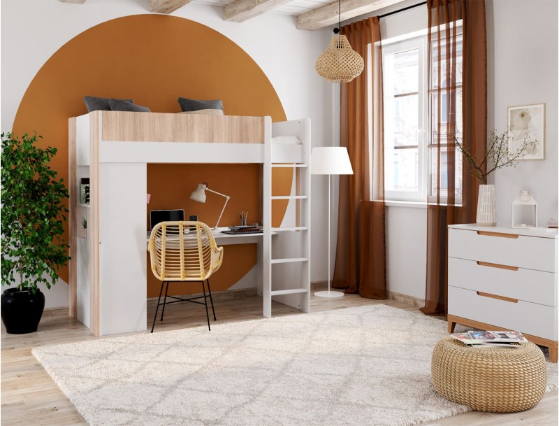 Hochbett mit Schreibtisch Dune Weiß und Holz