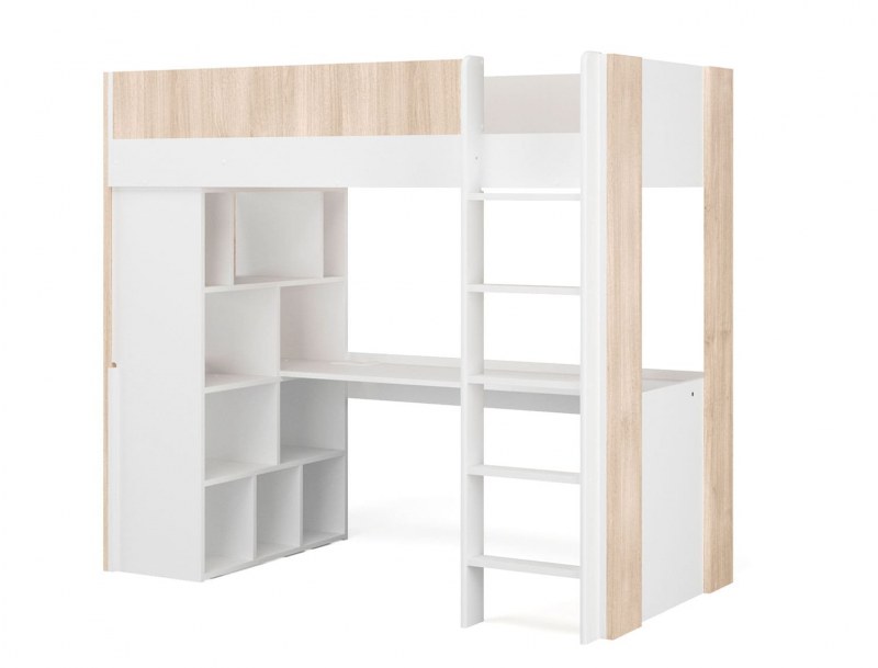 Hochbett mit Schreibtisch in Weiß und Holz Dune mit Stauraum