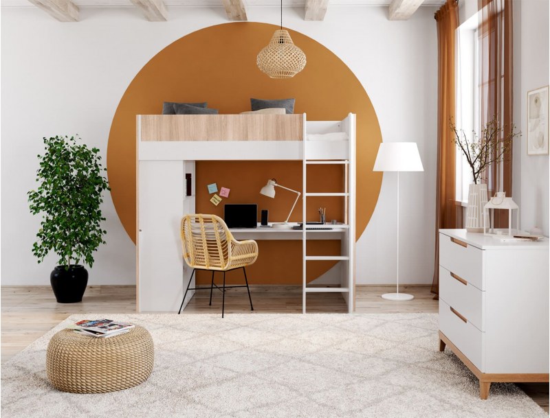 Hochbett mit Schreibtisch in Weiß und Holz Dune Design