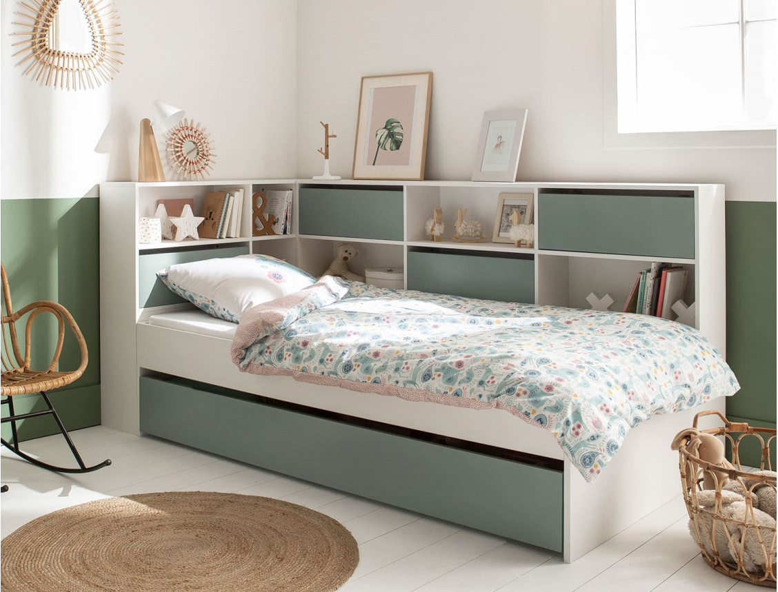 Ausziehbett mit Stauraum in Weiß & Moosgrün Opus