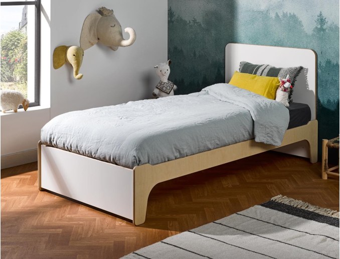 Bett 90x190 cm Weiß & Holz Essential mit Kopfteil