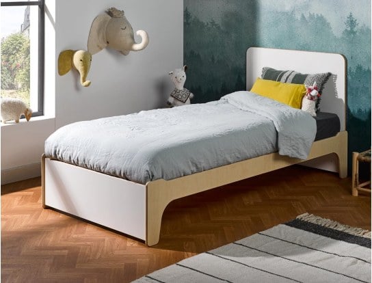 Lit 90x190 cm Blanc & bois Essentiel avec tête de lit.