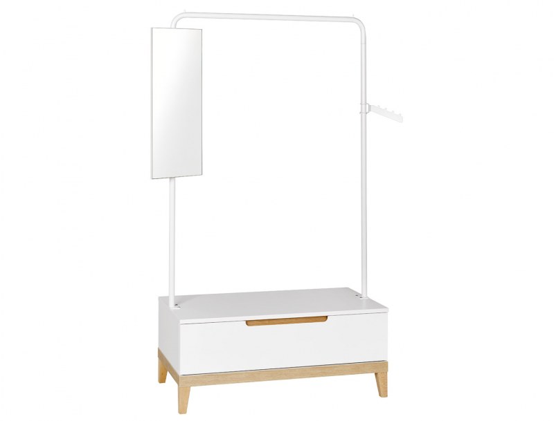 White and wood clothes rack with mirror