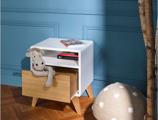 Scandi white oak children's bedside table with drawer