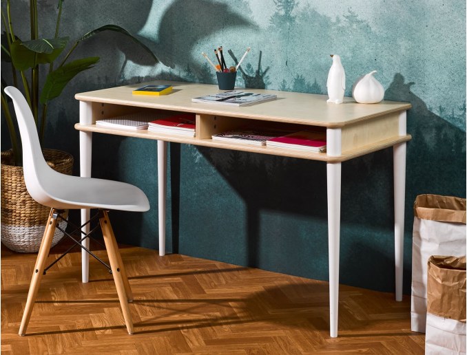 Bureau Ado Evolutif Maro, 2 hauteurs de plateau. Blanc et bois