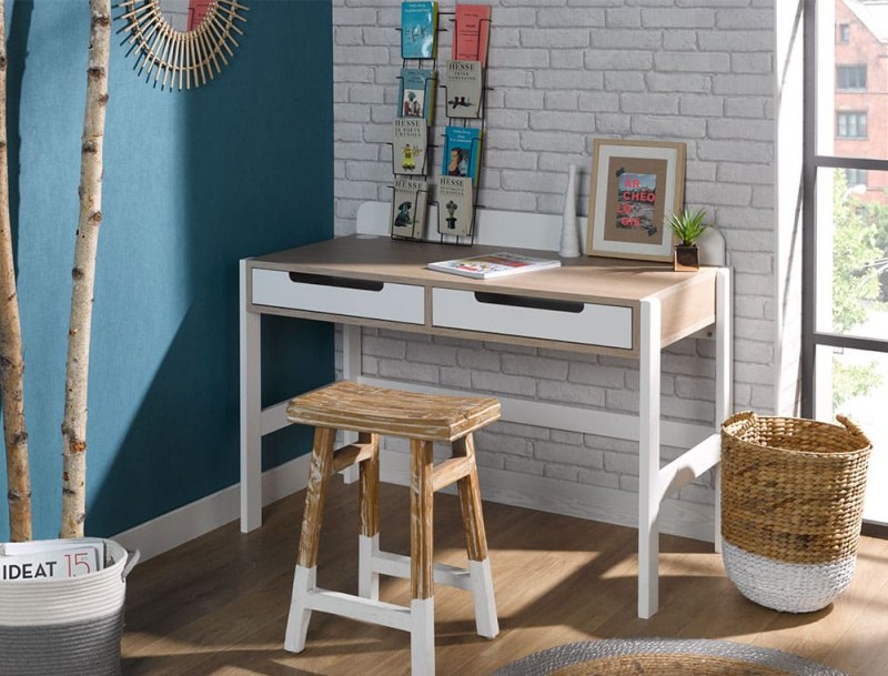 Scrivania per bambini Nomade bianca e legno con due cassetti