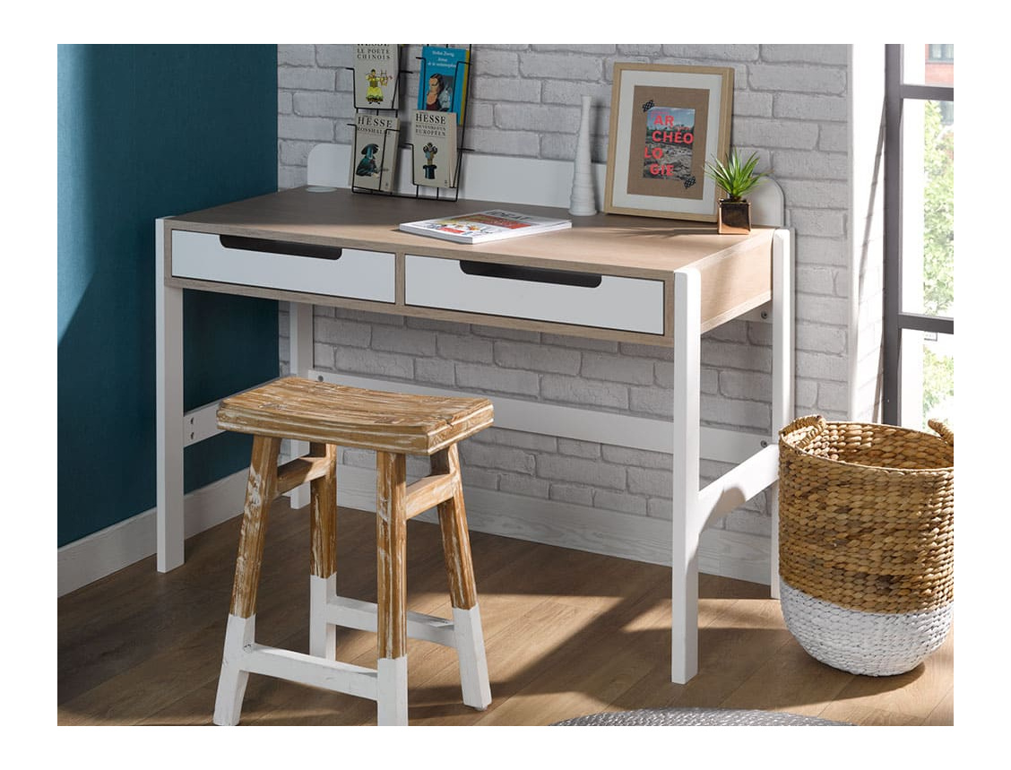 Bureau avec deux tiroirs blanc et bois