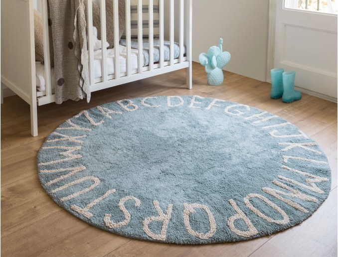 Runder Vintage Blauer Alphabet Teppich, extra weich
