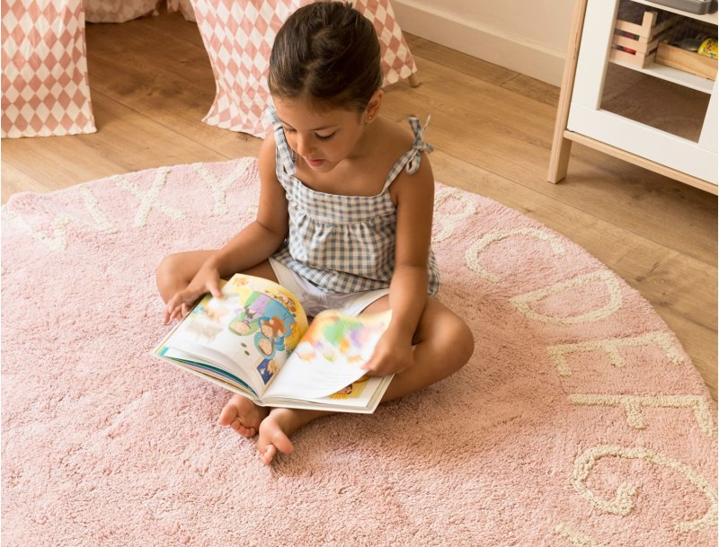 Round Vintage Pink Alphabet rug