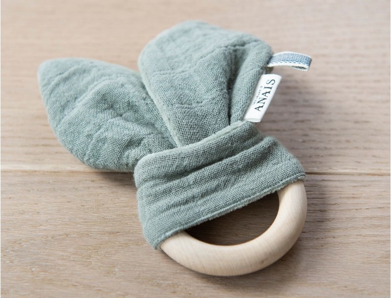 Olive wooden teething ring with wood and fabric
