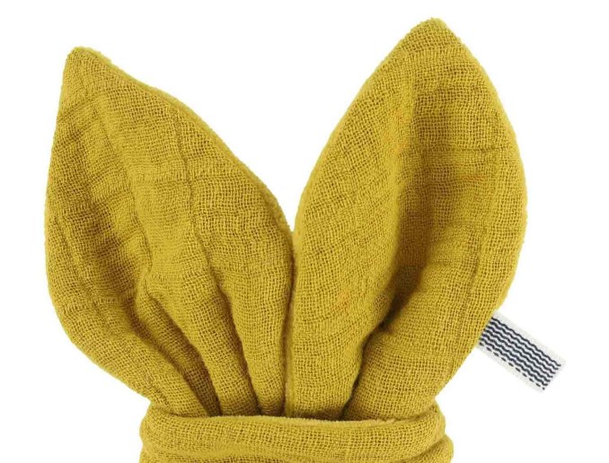 Mustard wooden and fabric teething ring
