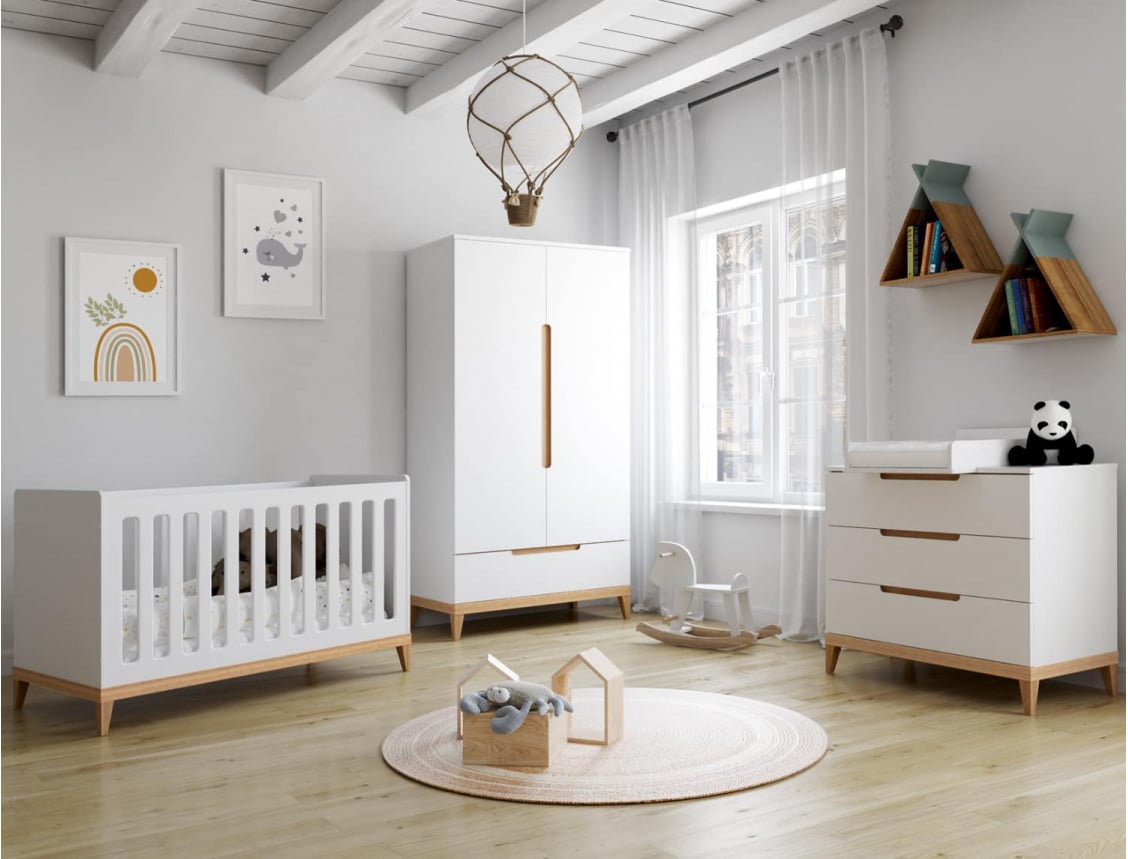 Chambre bébé complète Evidence Blanc & Hêtre, design scandinave