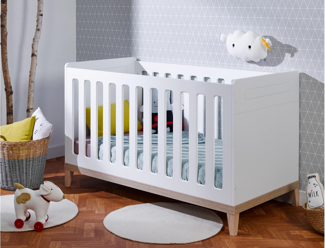 Evidence White/Beech Convertible Baby Crib 70x140. The mattress base has three positions.