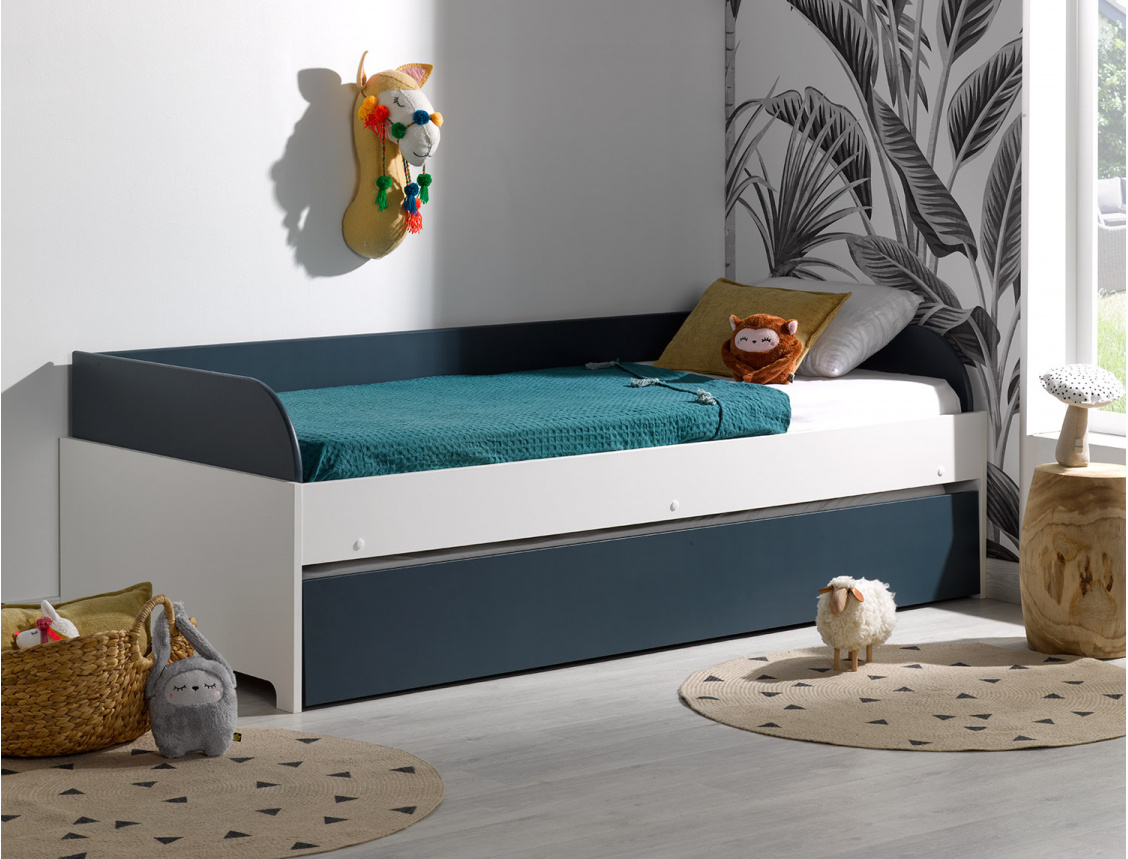 Cama nido tipo sofá blanca y azul noche con dos colchones AirSens