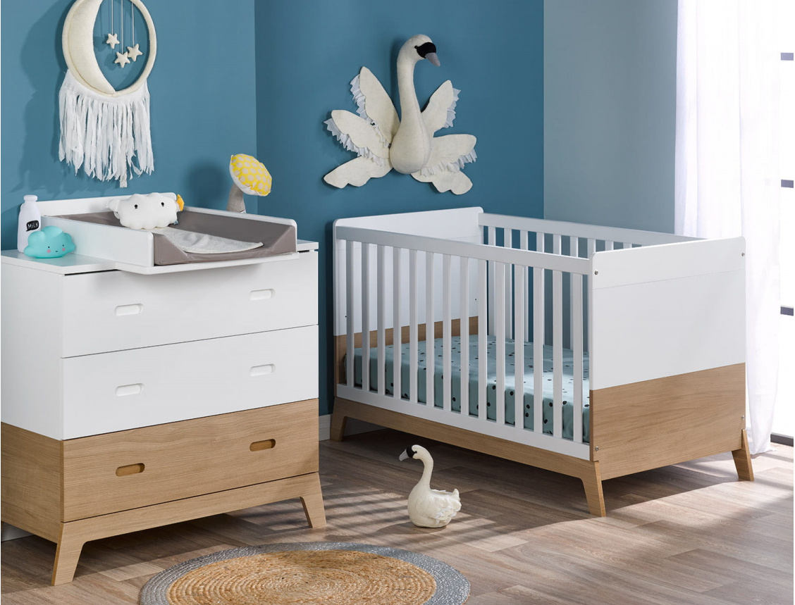 White oak baby room with crib, dresser, changing table Archipel