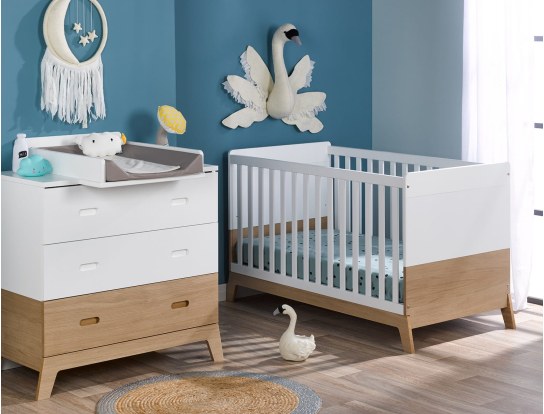 White oak baby room with crib, dresser, changing table Archipel