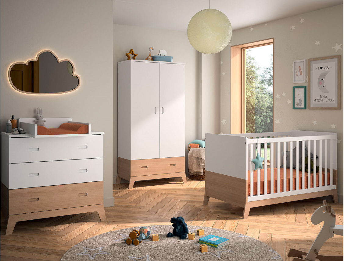 Chambre bébé complète Archipel avec lit bébé évolutif, armoire et commode à langer.