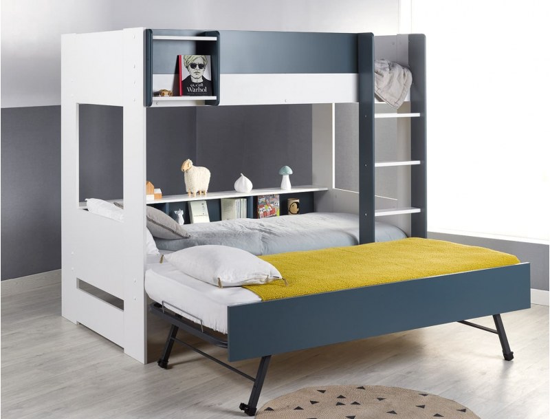 Triple bunk bed - Opus White & Midnight Blue triple bunk bed + 3 mattresses