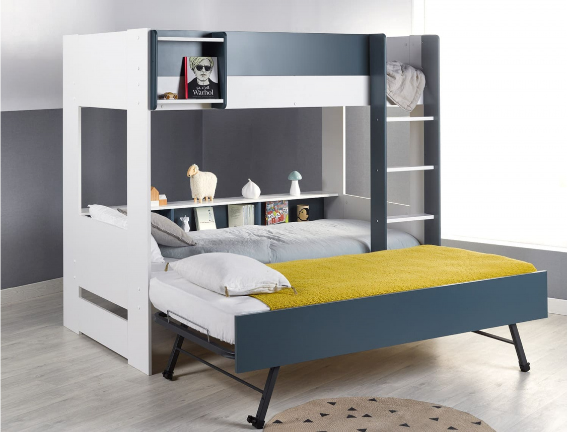 Triple bunk bed - Opus White & Midnight Blue triple bunk bed + 3 mattresses
