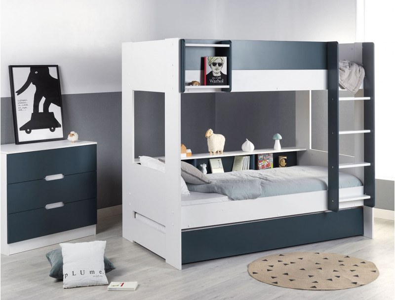 Triple bunk bed - Opus White & Midnight Blue triple bunk bed + 3 mattresses