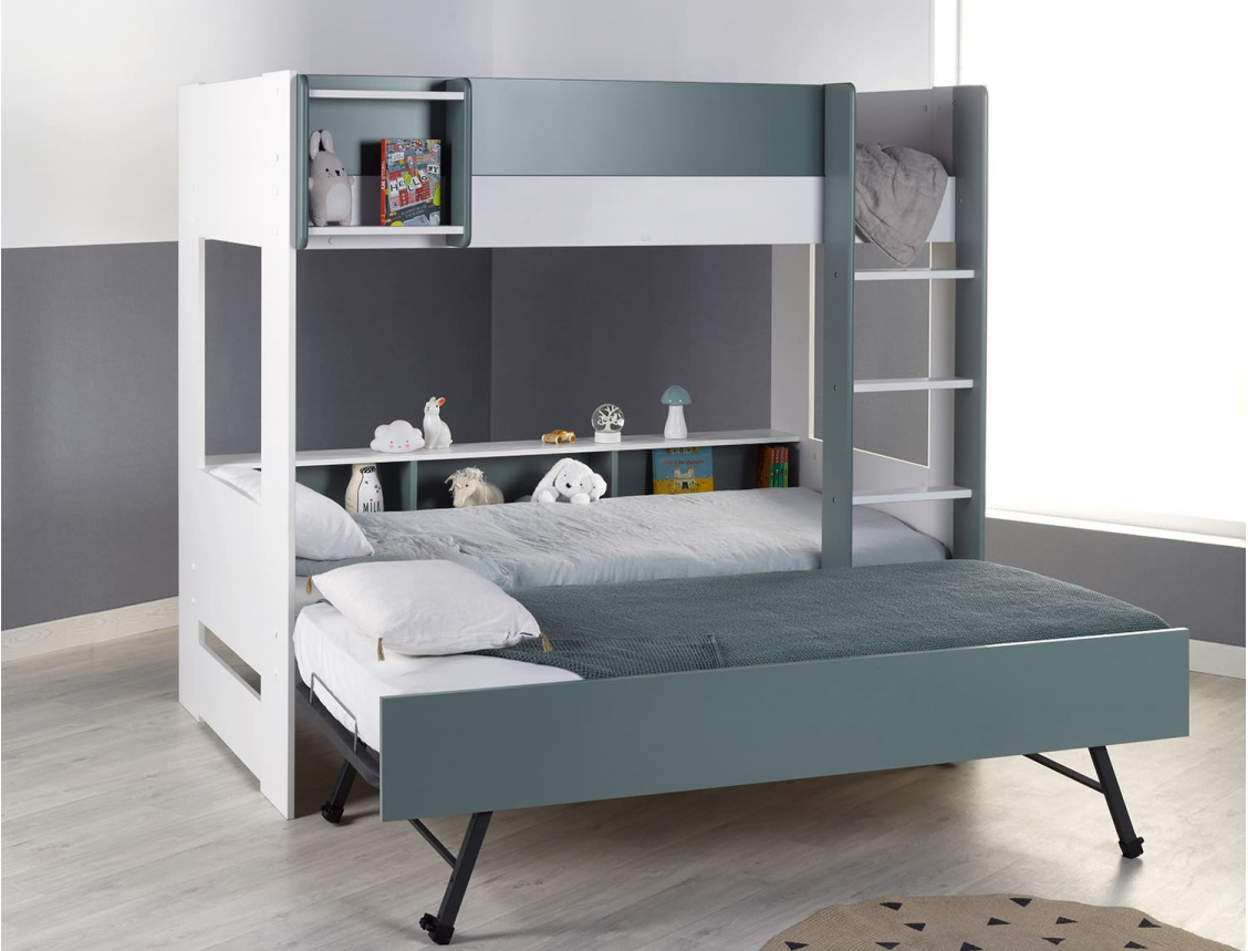 White and Moss Green triple bunk bed 90x190 cm