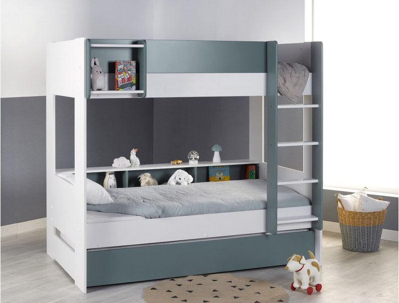 Triple bunk bed - Opus White & Moss Green triple bunk bed + 3 mattresses