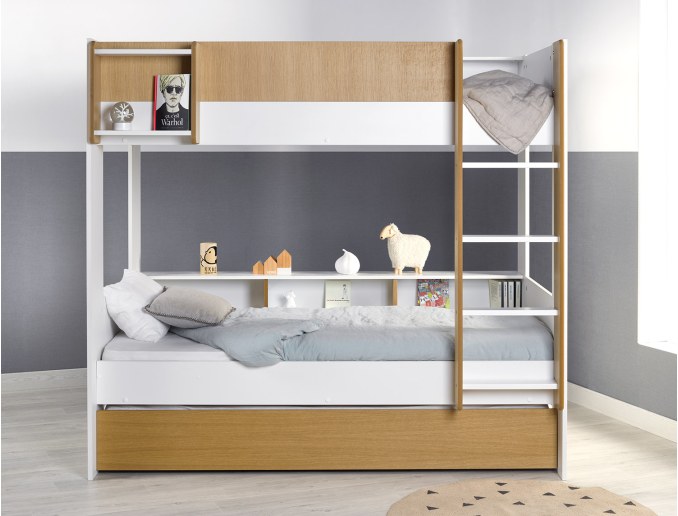 Dreistöckiges Etagenbett - Dreistöckiges Etagenbett Opus Weiß & Holz + 3 Matratzen