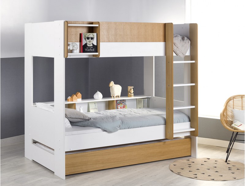 Triple bunk bed - Opus White & wood triple bunk bed + 3 Mattresses