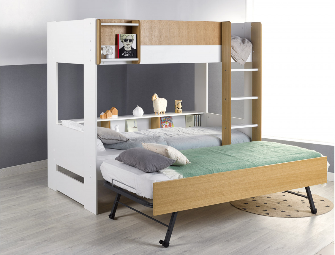 Triple bunk bed - Opus White & wood triple bunk bed + 3 Mattresses