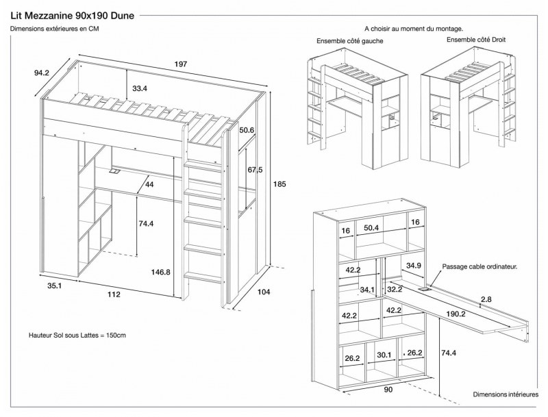Hochbett - Hochbett mit Schreibtisch Weiß und Holz Dune