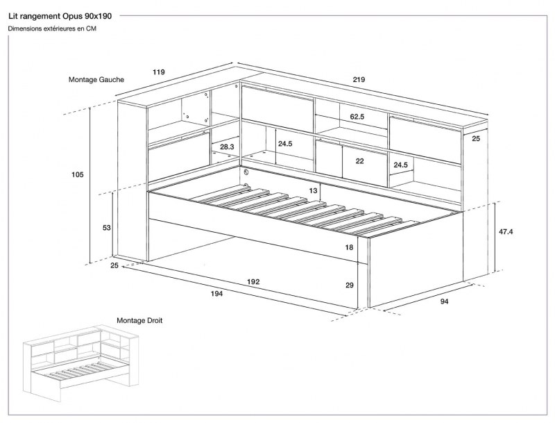 Dimensiones cama con almacenaje Opus Azul Noche