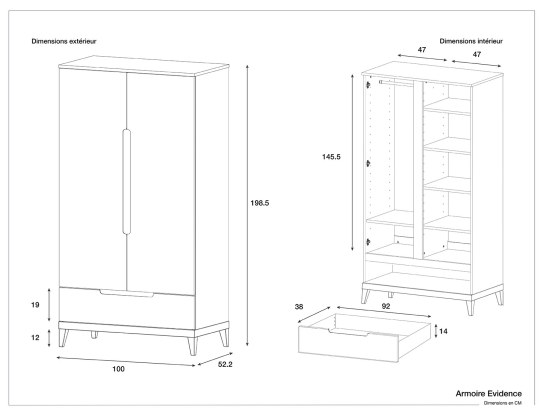 Dimensions de l'armoire deux portes , un tiroir Evidence.