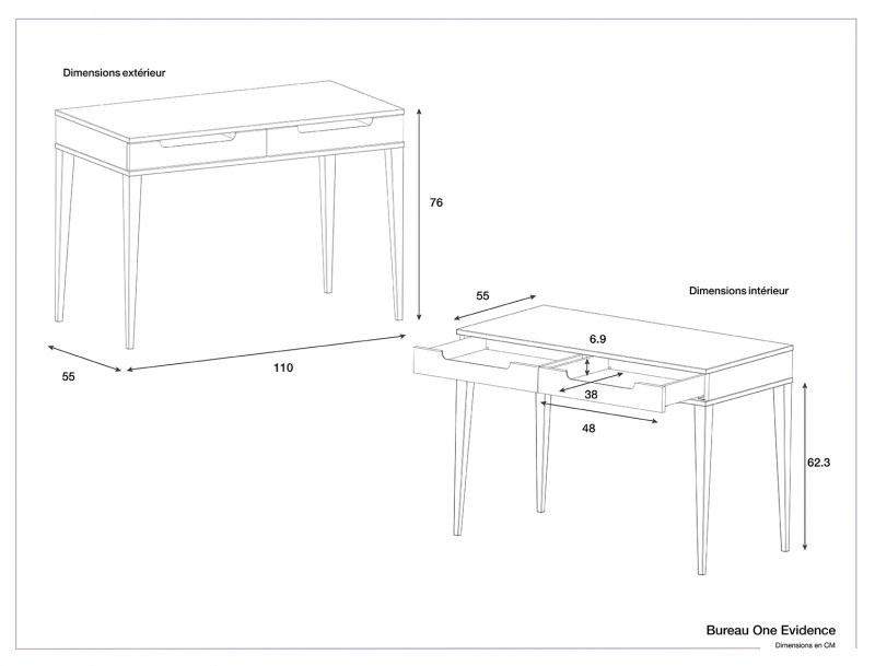 Abmessungen des Schreibtisches Evidence One mit zwei Schubladen.