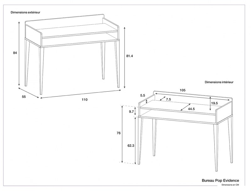 Dimensions of the Evidence Pop desk with storage.