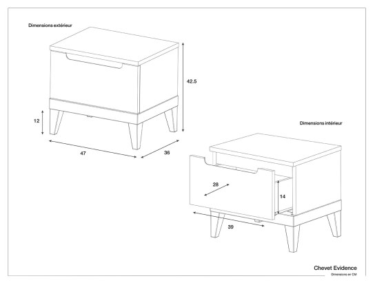 Dimensions of the Evidence bedside table.