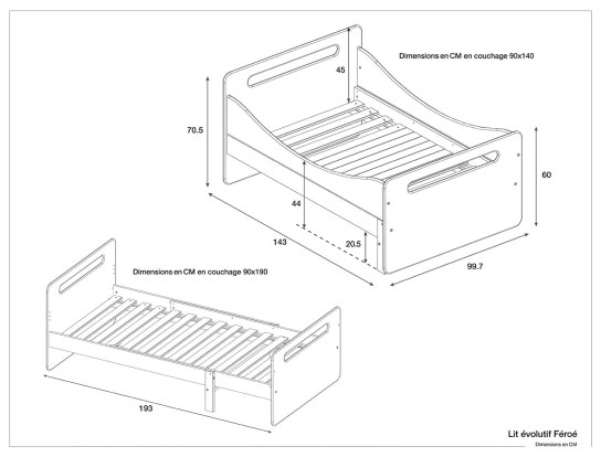 Dimensions du lit évolutif Féroé Anthracite