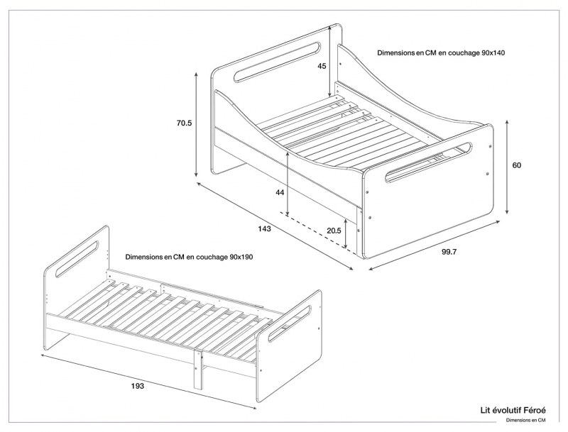 Dimensions du lit évolutif Féroé Taupe pour enfant.